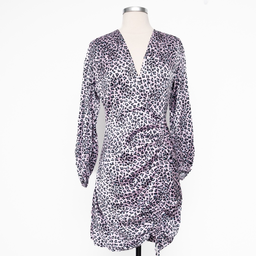 Maje | Maje Draped Leopard-Print Mini Dress‎ Pink Black Puff Sleeve V-Neck  NWT - Picture 7 of 13